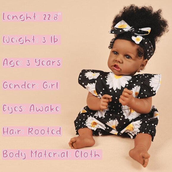 🆕22.8 Inch Reborn Doll with Soft Cloth Body African American Hazel Girl Doll - Picture 3 of 8